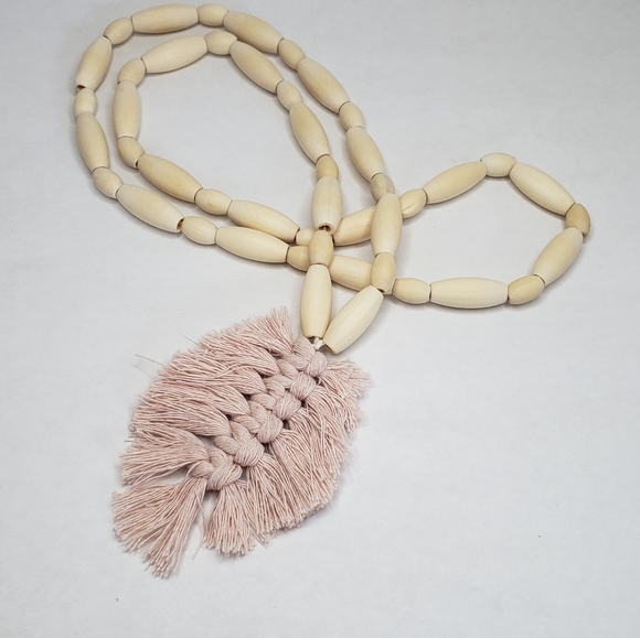 Farmhouse wood beads with Pink Tassel, Natural Wood, 17" length - Picture 3 of 4
